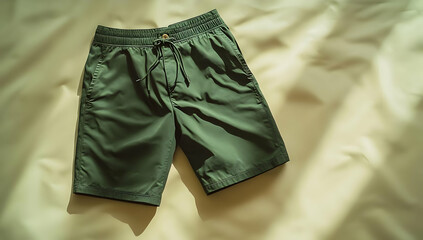 Stylish green shorts laid out on a bed, perfect for casual wear or summer outings. A versatile addition to any wardrobe.