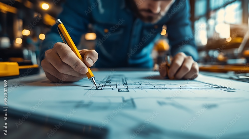 Poster Architecture Man drawing on architectural Creative project business architecture building construction Industrial engineering Achievement Planning Design on eco blueprint : Generative AI