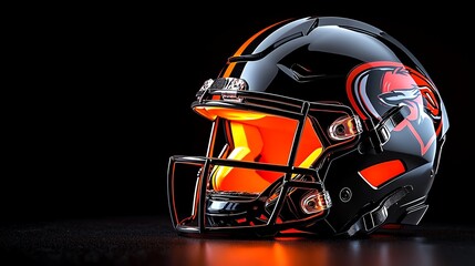 Naklejka premium A striking football helmet with glossy black finish and vibrant orange visor, perfect for sports-themed designs and merchandising.