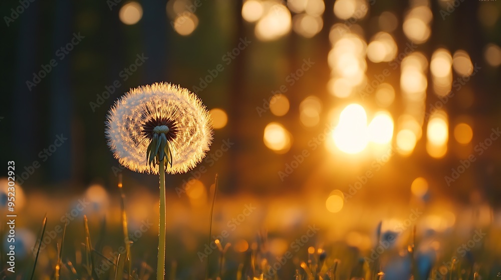 Aufkleber Big white dandelion in a forest at sunset Macro image shallow depth of field Abstract summer nature background : Generative AI