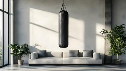 Modern interior with punching bag, minimalist design, large windows, and greenery enhancing the spacious atmosphere.
