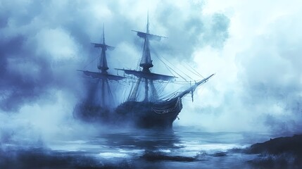 Ominous Seascape with Sailing Ship Braving Stormy Seas