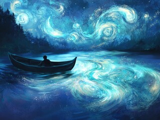 Mystical Starry Night: Person in Rowboat Embracing Serenity Under Starry Sky Reflecting On Water