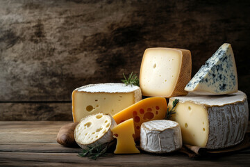 Variety of artisanal cheeses arranged on wooden background.