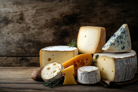 Variety of artisanal cheeses arranged on wooden background.