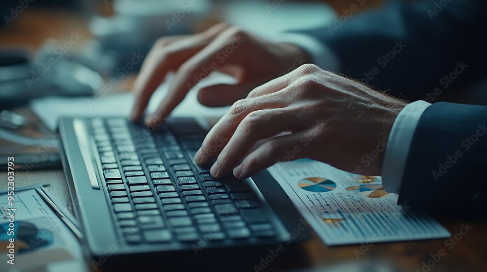 Poster business chart pie graph investment finance diagram pie chart financial growth businessman putting formal suit typing keyboard with pie chart document showing company financial informa : Generative AI