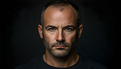Obraz premium A serious man with a strong expression, showcasing determination and confidence against a dark background.