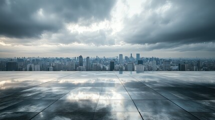 The cloudy sky looms over a cityscape, reflected on an empty marble surface, highlighting the mood of the urban environment.