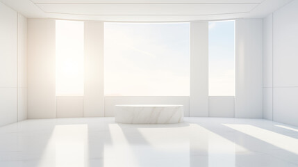 Fototapeta premium Minimalist Marble Platform In Bright White Room With Panoramic Window Views