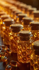 Dietary supplement capsules presented in a clean, eye-catching manner inside jars shaped like honeycombs