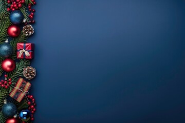 Elegant Christmas background with Christmas tree, a gift box, and a Christmas ball, all arranged festively on dark blue background. Xmas card, Christmas background, Xmas greeting