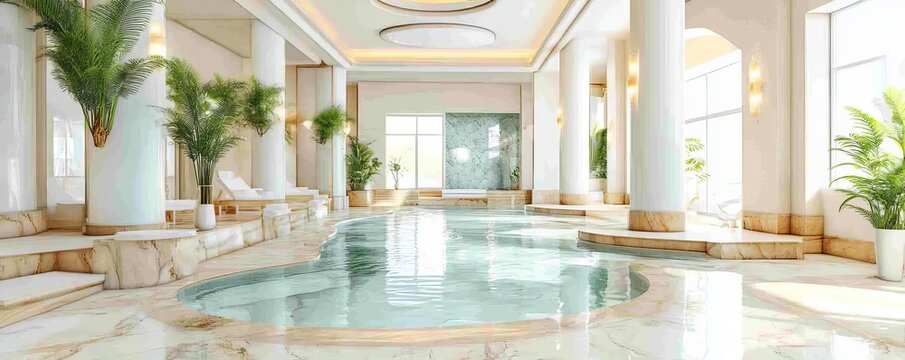 Luxurious spa setting with tranquil water features, marble decor, and ambient lighting, embodying an exclusive five-star wellness retreat experience