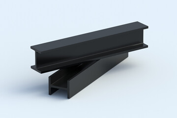 Two black steel beams on gray background. Metal girder. Building construction materials. Metallurgy industry. 3d render