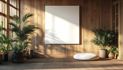 Fototapeta premium Bright and serene interior with wooden walls, lush plants, and a blank canvas, ideal for artwork display or relaxation.