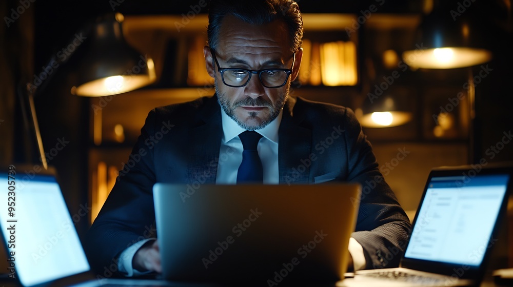 Leinwandbilder Business accountant working on laptops in the office Man in a suit and glasses sitting at his office desk using two notebook computers working with data sheets and checking information : Generative AI