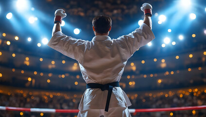 A victorious martial artist celebrates with raised arms in a bright arena, showcasing skill and determination.