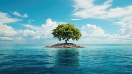 Obraz premium Lonely tropical island with a single tree, surrounded by turquoise waters, capturing the essence of isolation in paradise.