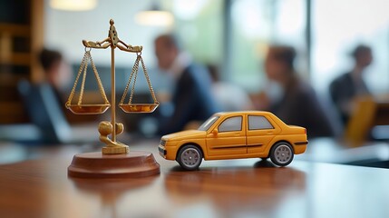 Small little wooden toy car sound block gavel and scales of justice on office table with people talking in background Legal services court law insurance accident lawyer concept : Generative AI