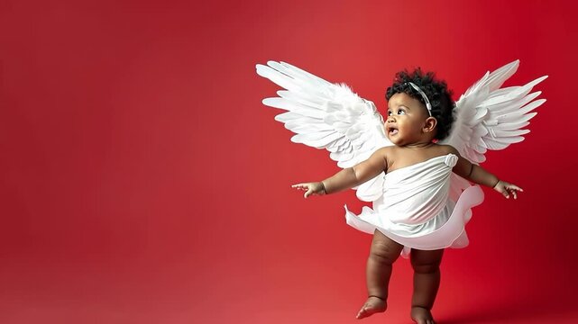 laughing baby angel cupid with white wings on red, valentines day sale and promotion