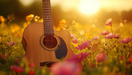 Beautiful acoustic guitar resting among vibrant flowers during golden hour, capturing the essence of music and nature harmony.