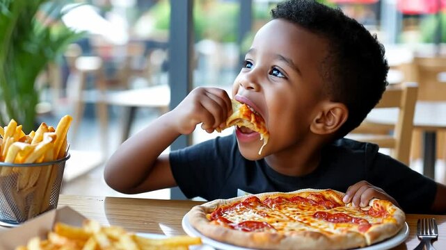 young smiling black child boy enjoying cheesy slice pizza in pizzeria, with a plate of fries, joy of dining out, little kids pizza feast
