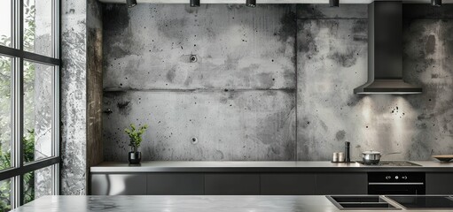 Modern Kitchen with Exposed Concrete Wall