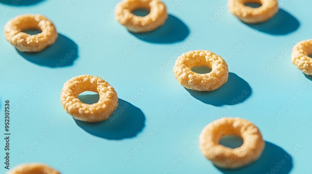 Poster Macro close up detail of single honey cheerios cereal isolated on blue with shadow : Generative AI