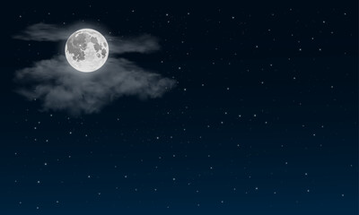 ight sky background with full moon surrounded by soft cummulus clouds and stars