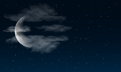 Realistic waning crescent moon on night sky background with soft cummulus clouds and stars