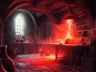 Fototapeta premium Mystical Alchemist's Laboratory with Red Glow and Spellbinding Atmosphere