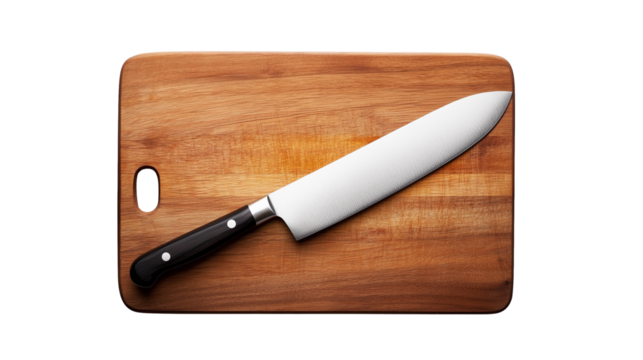 Wooden cutting board with sharp chef knife isolated on transparent background