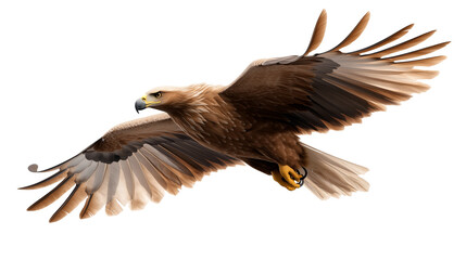 Golden eagle in flight with wings fully spread isolated on transparent background

