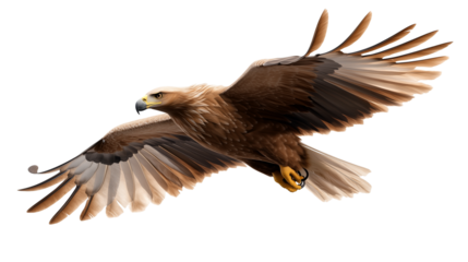 Golden eagle in flight with wings fully spread isolated on transparent background

