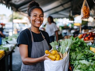 Smiling Female Vendor Holding Fresh Vegetables at Farmers Market Stall