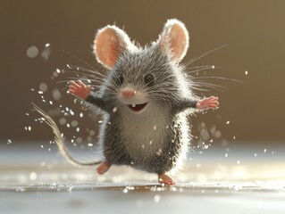 Adorable Animated Mouse Dancing Happily in Soft Light with Falling Snowflakes
