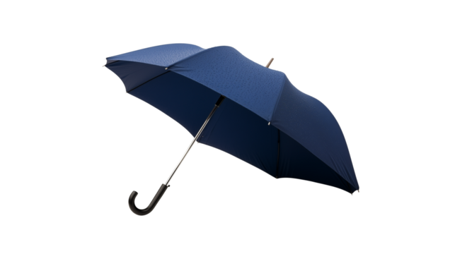 Blue umbrella open with raindrops isolated on transparent background


