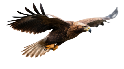 Golden eagle in flight with wings fully spread isolated on transparent background

