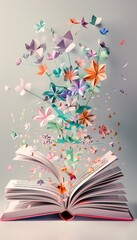 Open book adorned with colorful origami paper flowers blooming from its pages
