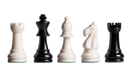 Set of black and white chess pieces isolated on transparent background


