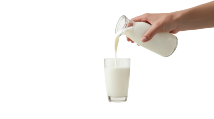 Hand pouring milk into glass in mid-air isolated on transparent background

