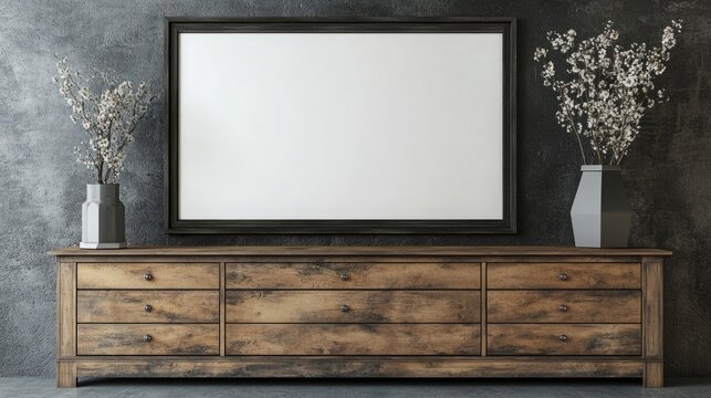 Rustic Modern Living Room Featuring a Wooden Cabinet and Dresser Against a Concrete Wall with an Empty Blank Mock-Up Poster Frame for Customization