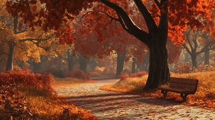 Peaceful park in autumn with a bench under an oak tree and fallen leaves covering a winding path Warm autumnal with rich oranges reds browns and detailed 3D-rendered leaves