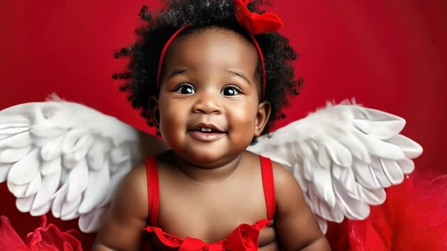 laughing baby angel cupid with white wings on red, valentines day sale and promotion