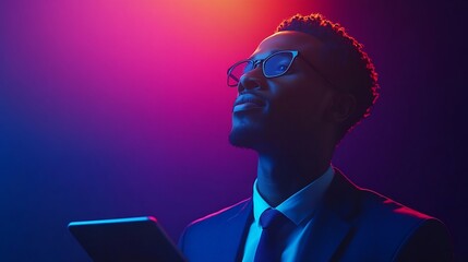 Young man manager wearing business suit and eyeglasses using digital tablet on gradient blue purple background in neon light Studying online work job finance new app concept : Generative AI