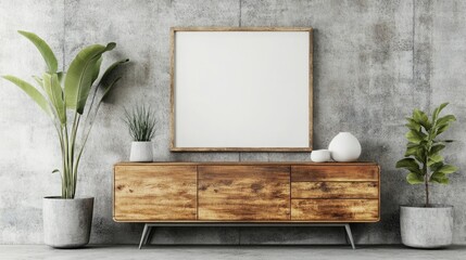 Rustic Modern Living Room Featuring a Wooden Cabinet and Dresser Against a Concrete Wall with an Empty Blank Mock-Up Poster Frame for Customization