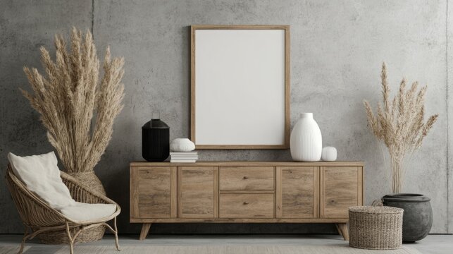 Rustic Modern Living Room Featuring a Wooden Cabinet and Dresser Against a Concrete Wall with an Empty Blank Mock-Up Poster Frame for Customization