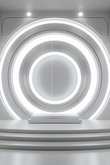 Obraz premium Futuristic 3D podium background in a tech-inspired stage with abstract elements, glowing circles