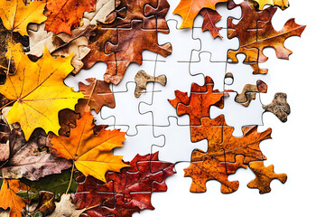 An isolated image of an autumn-themed puzzle on a white background, capturing the essence of the fall season through vibrant colors and seasonal elements.
