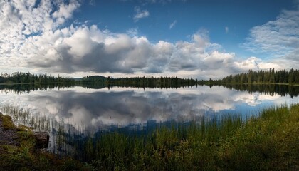 fluffy clouds hang low over a tranquil lake their reflections creating a mirror image on the still water