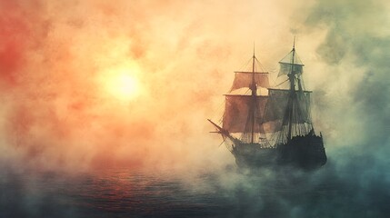 Fototapeta premium Majestic Sailing Ship Navigating Stormy Seas at Dramatic Sunset